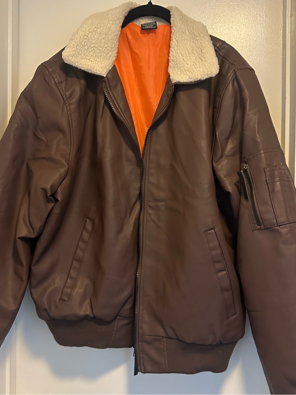 Ring of Fire Brown Bomber Jacket with Cream Sherpa Collar and Orange Lining